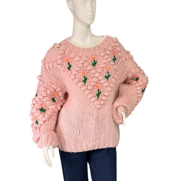 CHICWISH Stitch Floral Diamond Pom-Pom Sweater in Pink Handmade $109 Size M - Picture 6 of 9
